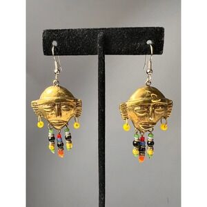 Hand Cast African Tribal Brass Mask Beaded Multicolor Dangle Earrings